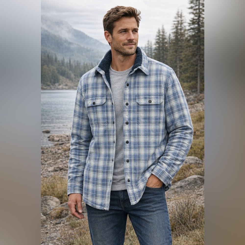 L.L. Bean Men's Light Blue Plaid Sherpa lined Shirt Shacket Jacket Size LT